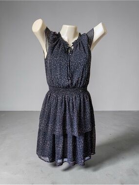 Bloomingdale's Navy and White Polka Dot Smocked Waist Sleeveless Dress